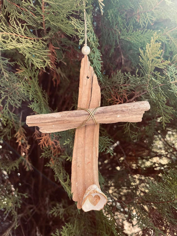 Wooden cross with mini heart ornament