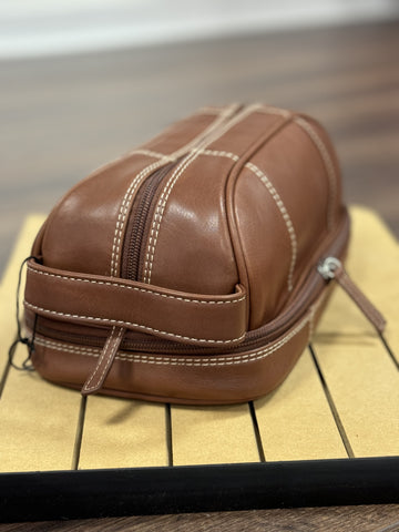 Toiletry Bag Brown Leather Zippered Compartments