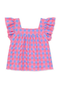 Girls Checker Flutter Sleeve Top