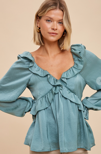 Washed Satin Crossed Ruffle Top